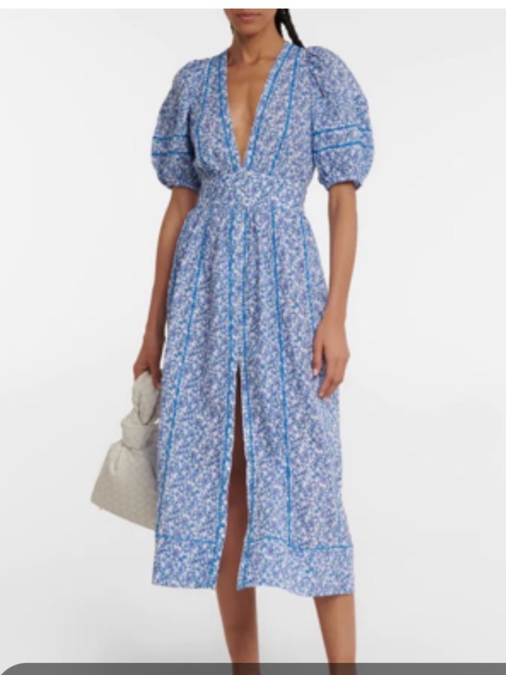 Poupette St. Barth Blue Floral V-Neck Midi Dress with Puff Sleeves